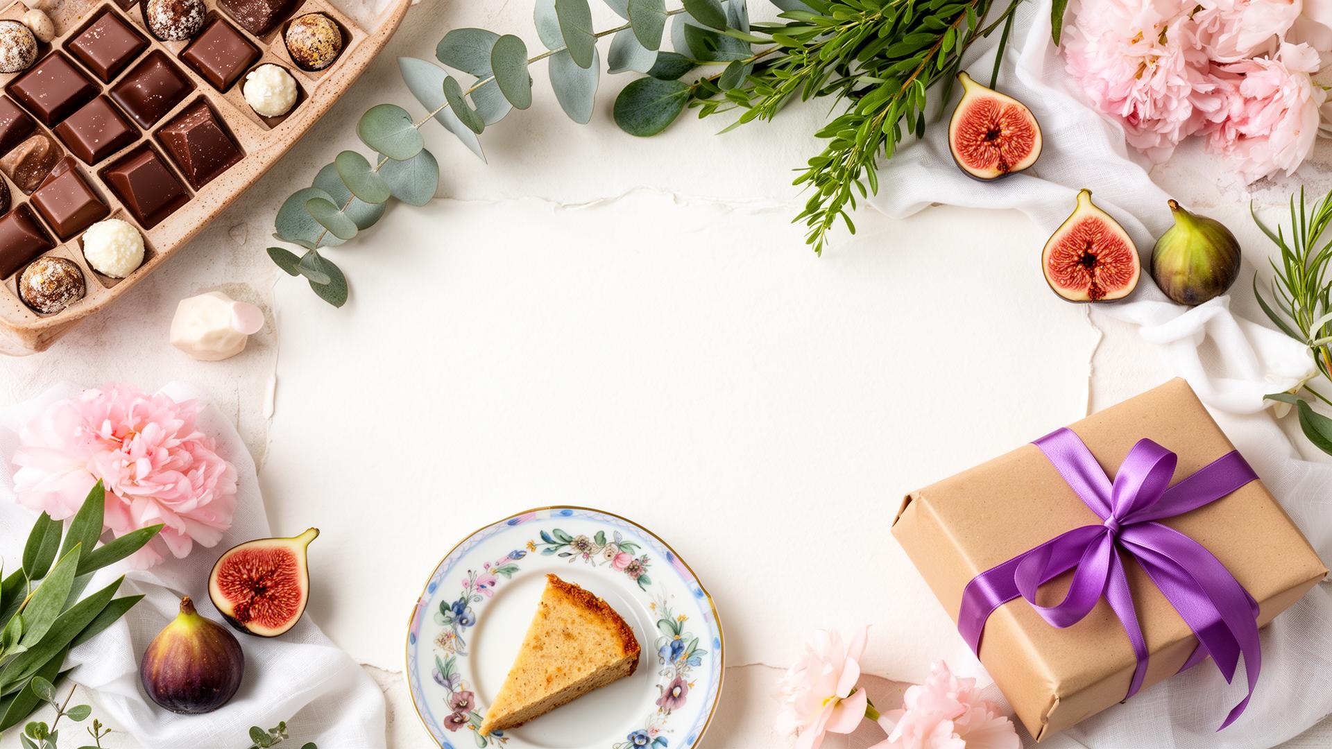 Mesa editorial Barbara Farina com doces, frutas, flores e folhas